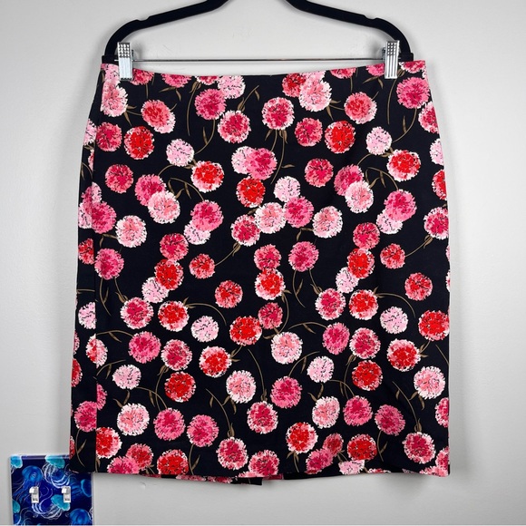 Talbots Black Pink Red Floral Pencil Career Work Cotton Skirt Size 14 - Picture 1 of 7